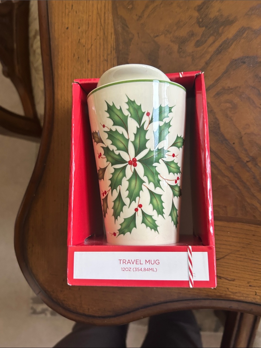 Lenox Holly Pattern Travel Mug - White, Green, Red in original box